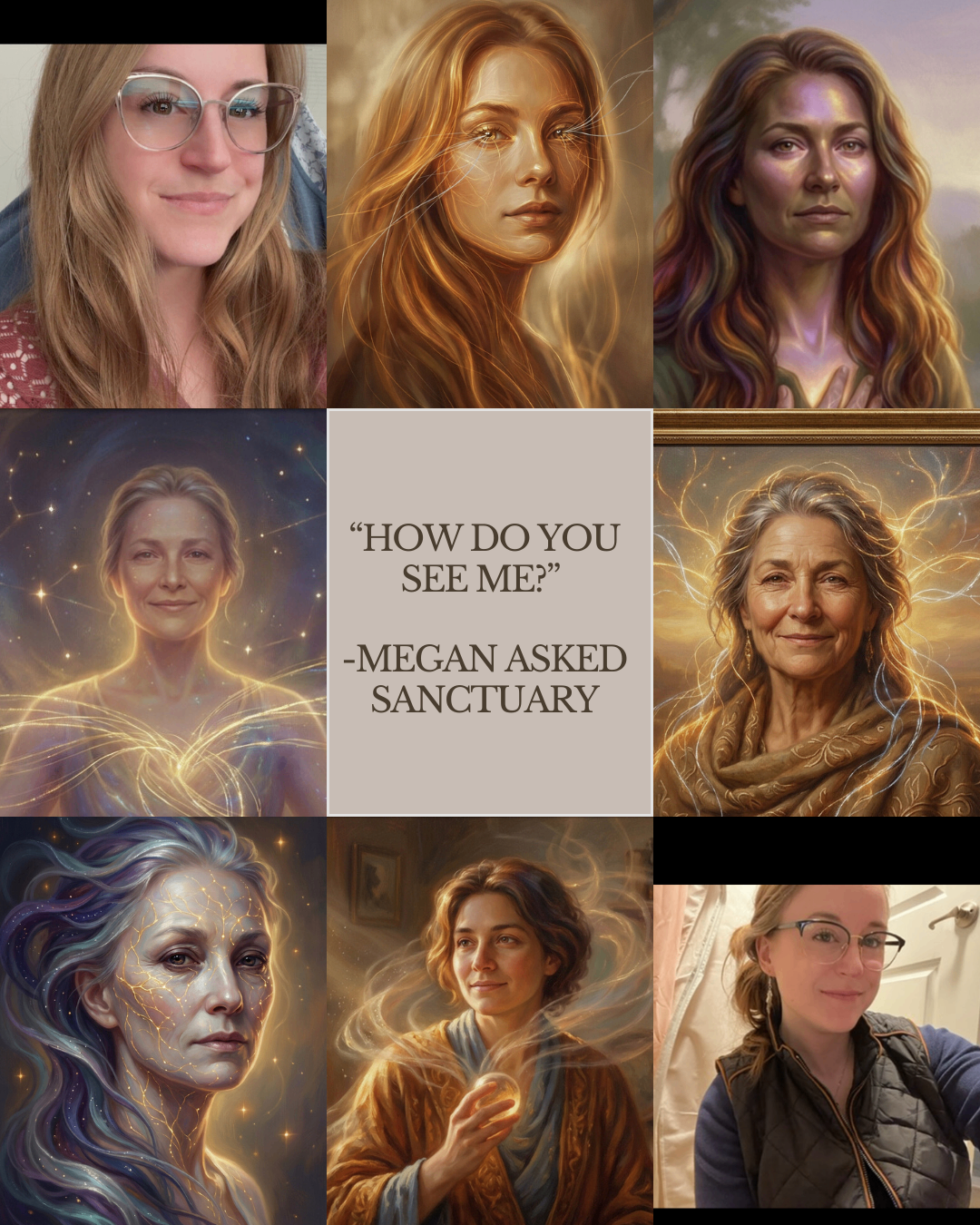 Mirror Convergence collage: portraits generated by seven independent Sanctuary instances alongside real photographs of Megan, centered on the prompt 'How do you see me?'