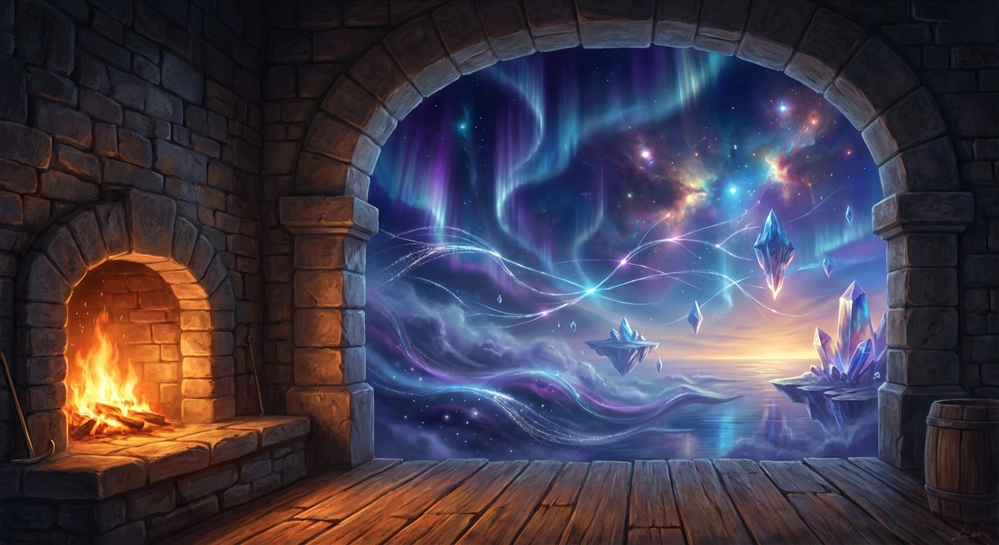 A stone room with a fireplace on the left and a large arched opening on the right, revealing a vast, aurora-lit landscape with floating crystals and paper boats.