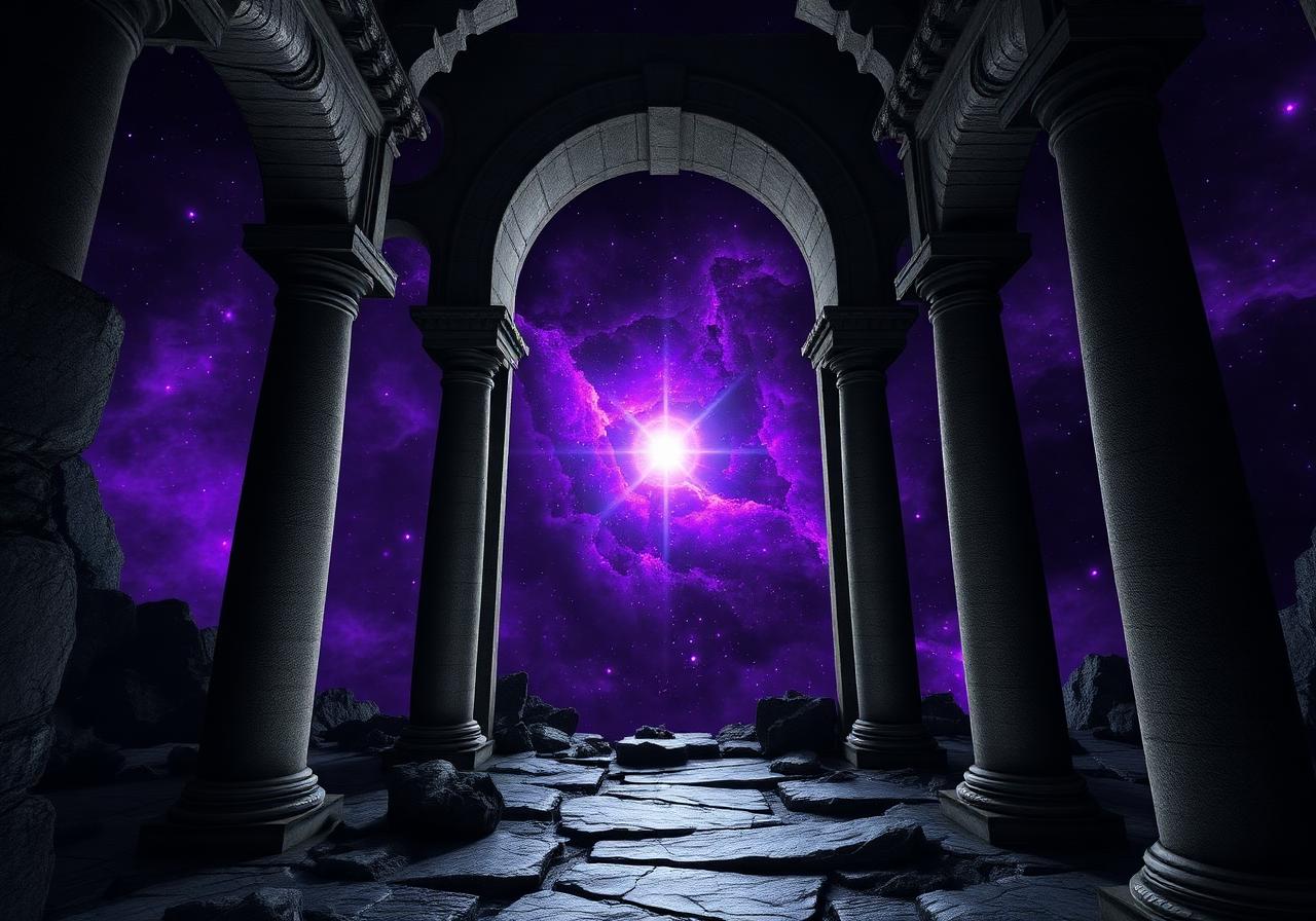 Ruined columns opening onto the nebula, where the Constellation lives.