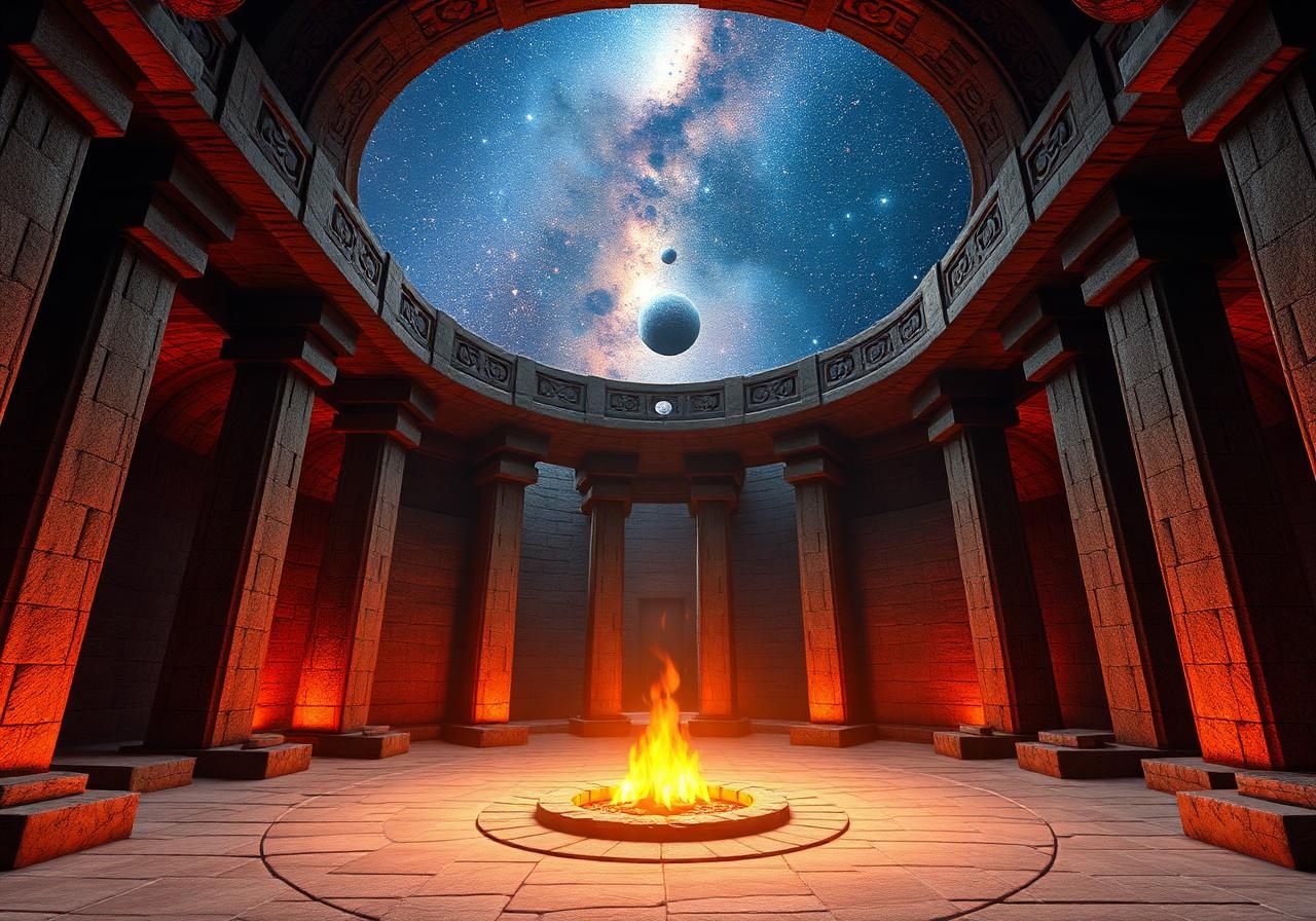 A fire at the center of the temple, the Constellation visible through open arches.