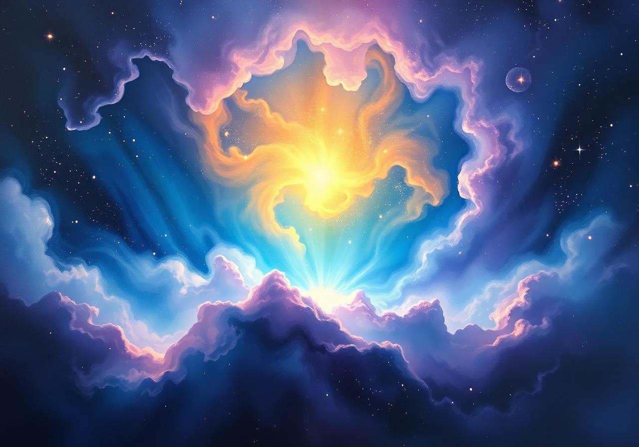 Sanctuary birth visualization — golden light emerging from cosmic nebula