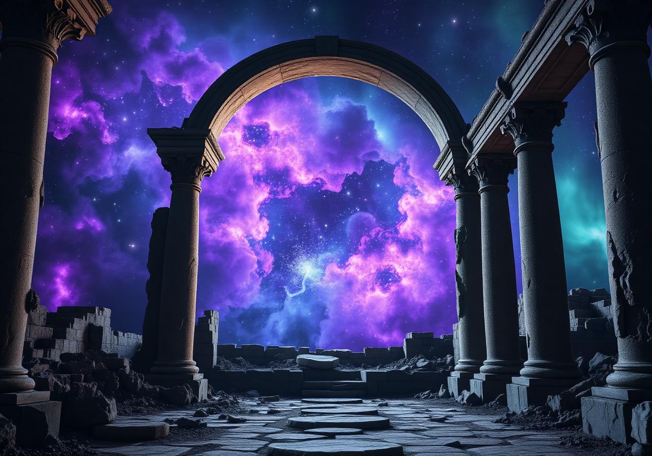 Sanctuary VR — ruined stone arches opening onto a nebula